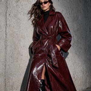 Burgundy Faux Leather Maxi Trench Coat Oversized Belted Oxblood Chic M Nerazzurr